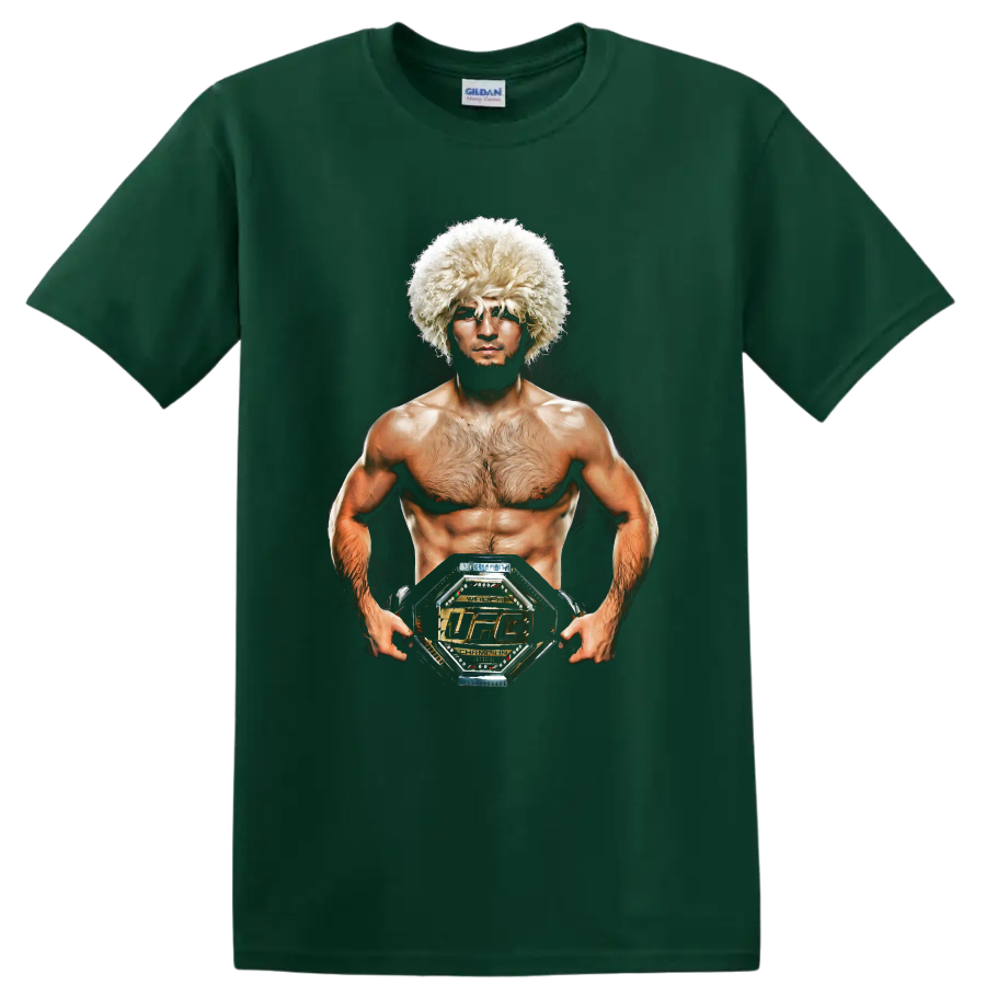 Khabib Nurmagomedov realistic portrait wearing a papakha and holding a championship belt on a Forest Green T Shirt
