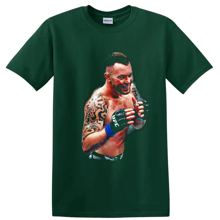 Dustin Poirier painterly MMA portrait with raised gloves and tattooed arms on a Forest Green T Shirt