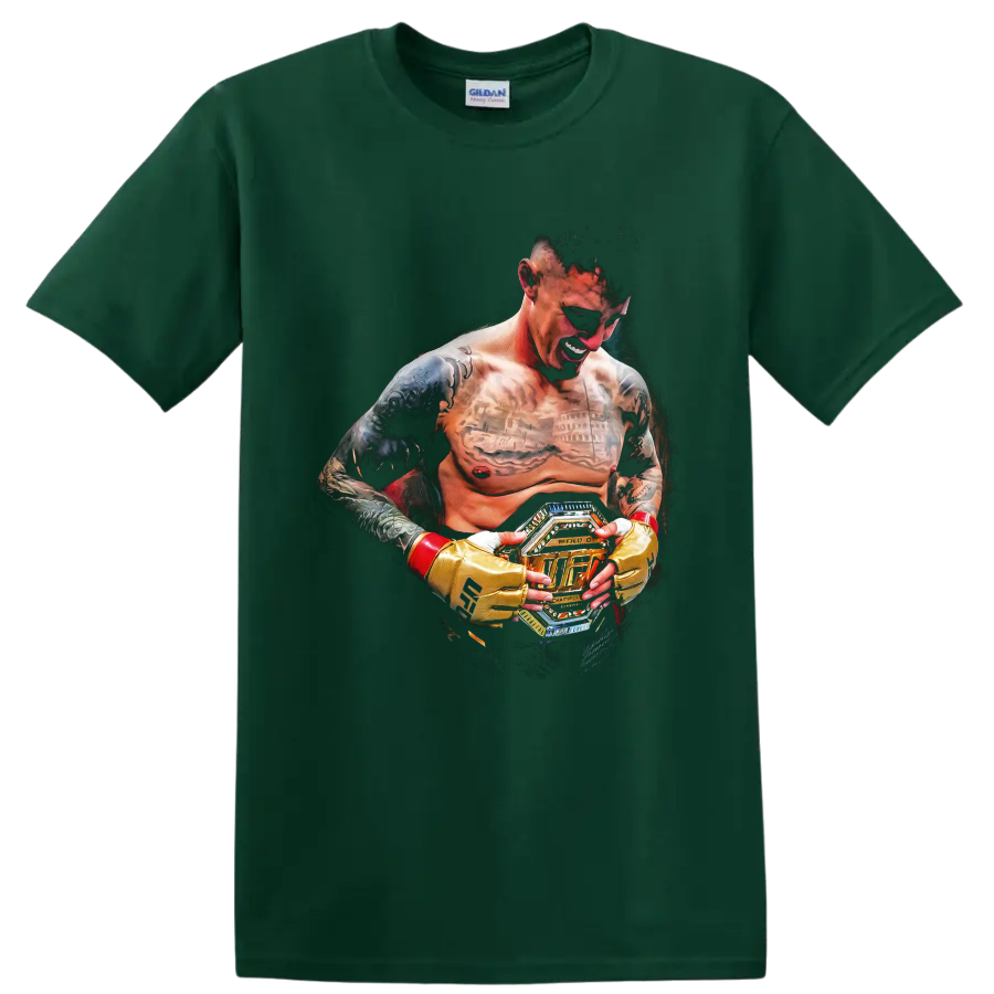 Charles Oliveira MMA fighter portrait holding championship belt in dramatic fan art on a Forest Green T Shirt