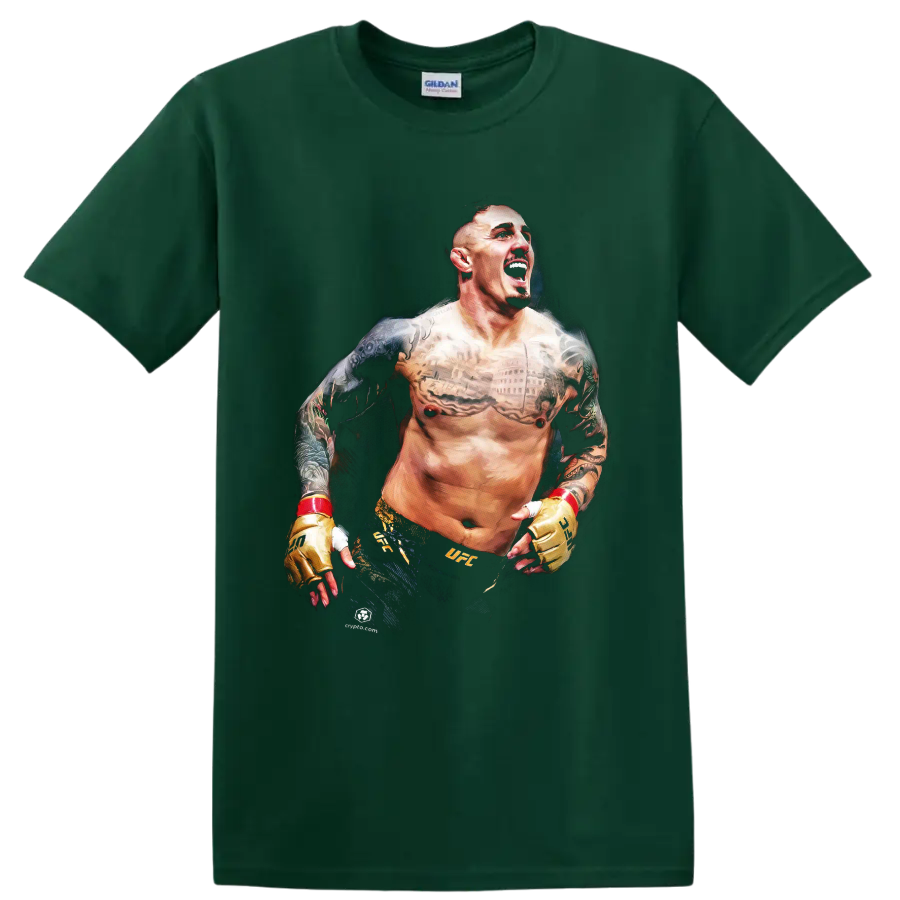 Charles Oliveira shouting in a painted MMA portrait with tattoos and gold gloves on a Forest Green T Shirt