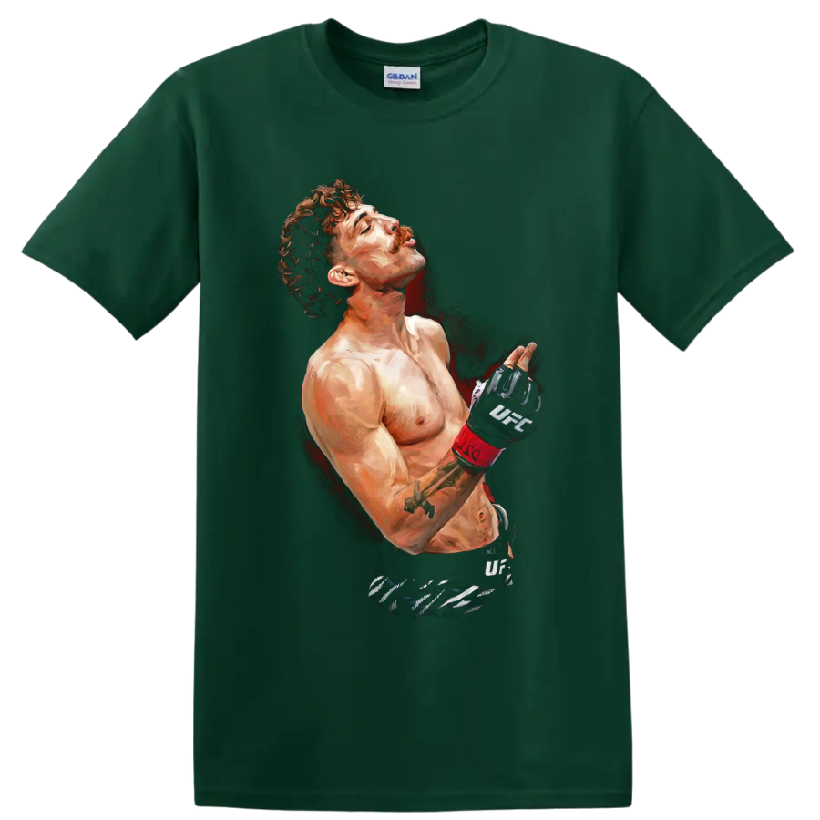 Quillan Salkilld painted MMA portrait with UFC gloves and red splatter backdrop on a Forest Green T Shirt