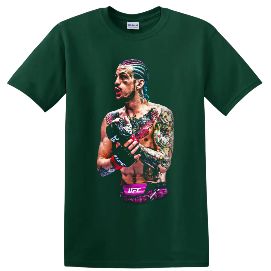 Sean O'Malley illustrated UFC fighter portrait with colorful braids, tattoos, and gloves on a Forest Green T Shirt