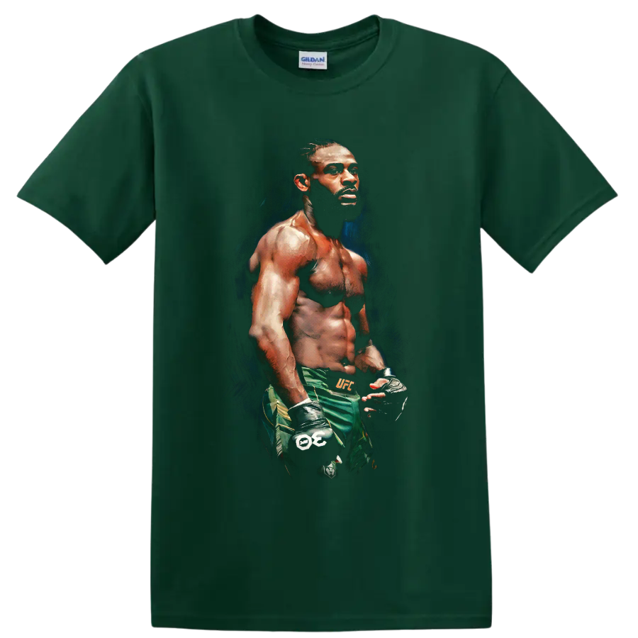 Aljamain Sterling painted MMA fighter portrait in gloves and green fight shorts on a Forest Green T Shirt