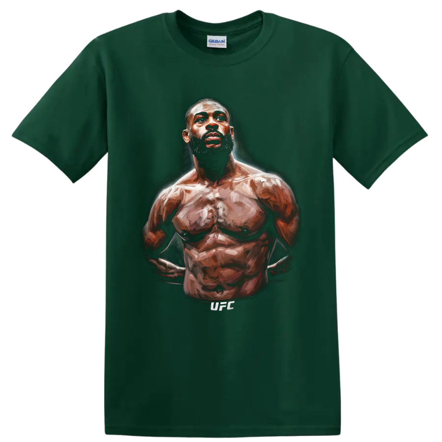 Aljamain Sterling painted UFC fighter portrait with dramatic brushwork on a Forest Green T Shirt