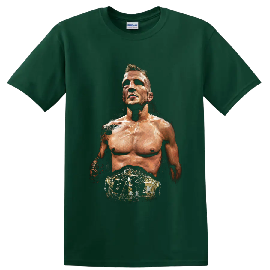 T.J. Dillashaw painterly MMA portrait wearing an ornate UFC championship belt on a Forest Green T Shirt