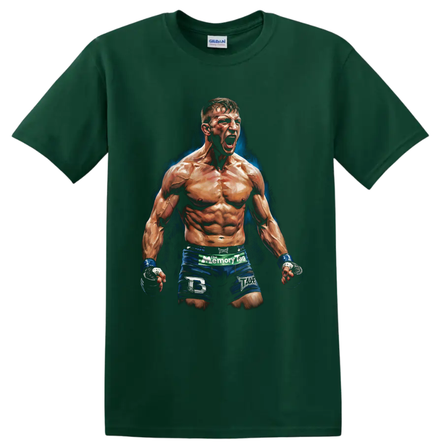 Ricky Hatton roaring fighter portrait with blue shorts and painted blue backdrop on a Forest Green T Shirt