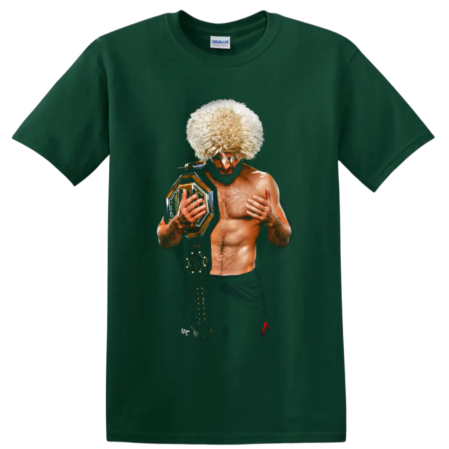 Khabib Nurmagomedov portrait in papakha hat holding a gold championship belt on a Forest Green T Shirt