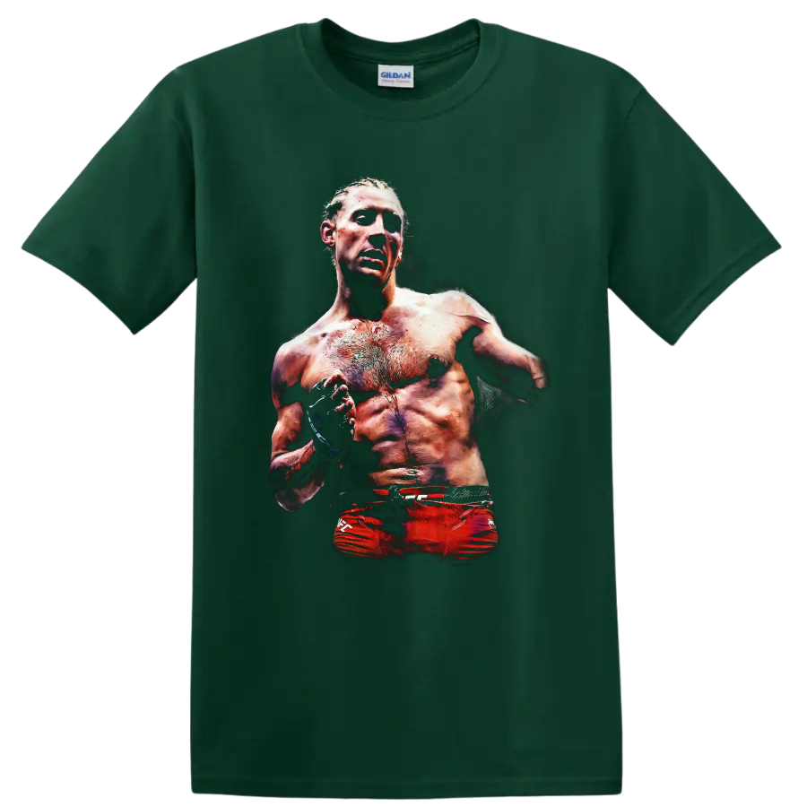 Paddy Pimblett MMA fighter portrait graphic with gloves and gritty dramatic lighting on a Forest Green T Shirt