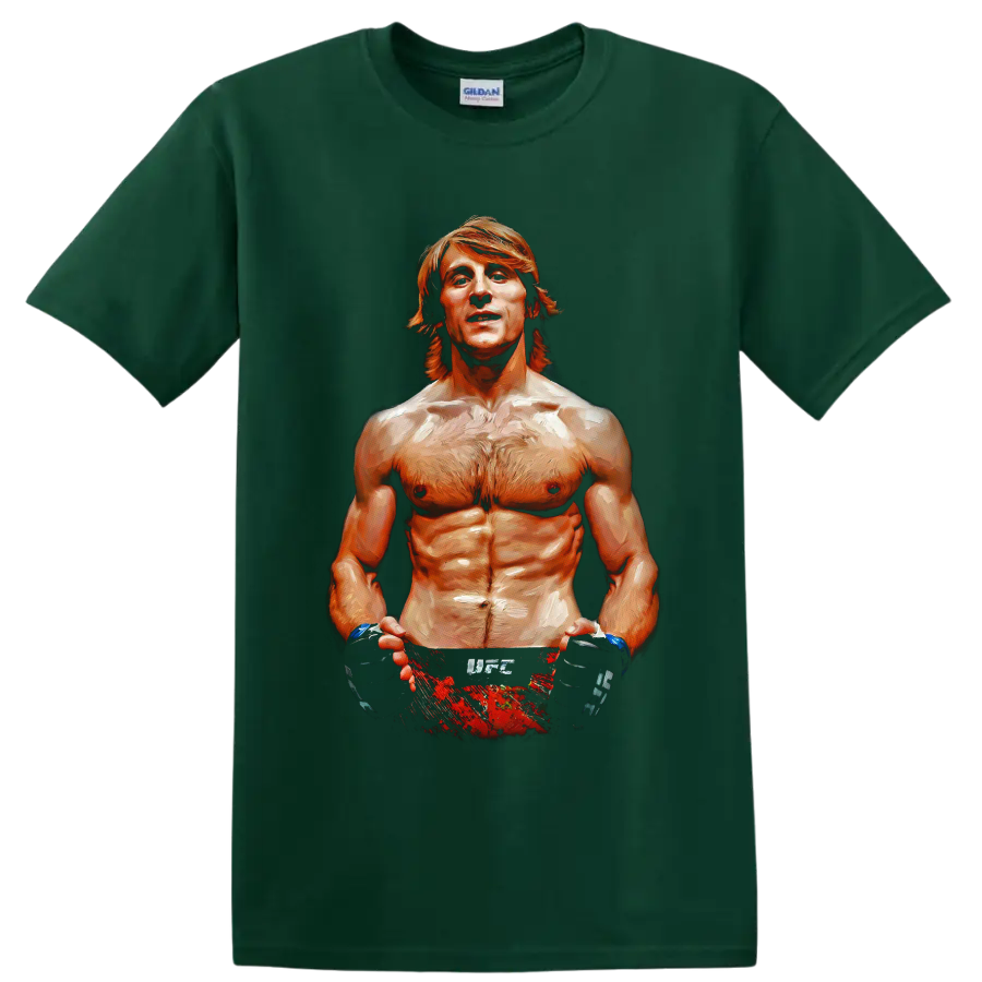 Paddy Pimblett painted portrait with MMA gloves and red fight shorts on a Forest Green T Shirt