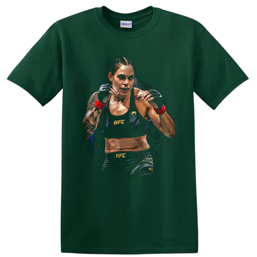 Amanda Nunes in a painted UFC guard stance with gloves, red wraps, and cage backdrop on a Forest Green T Shirt