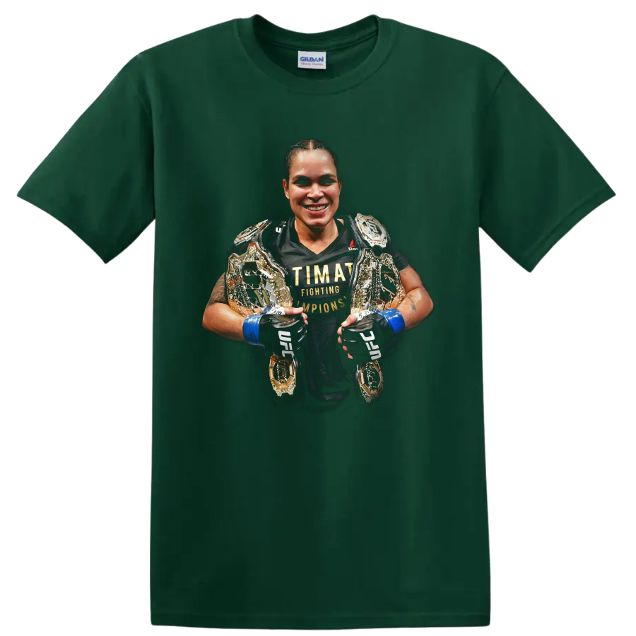 Amanda Nunes portrait with championship belts and blue MMA gloves on a Forest Green T Shirt