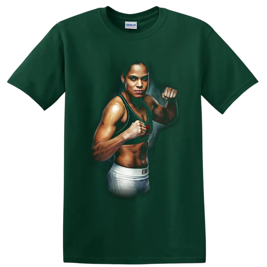 Amanda Nunes The Lioness MMA fighter portrait with raised fists in painted style on a Forest Green T Shirt