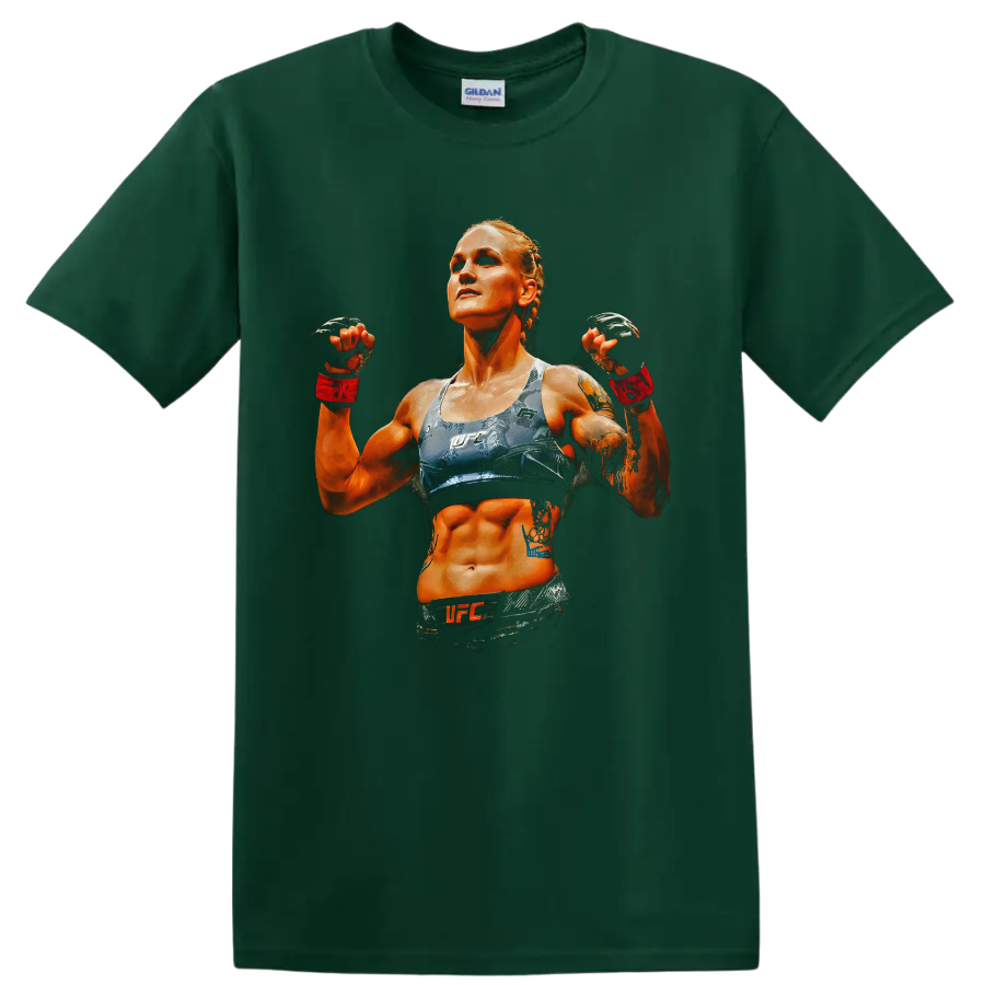 Valentina Shevchenko UFC fighter portrait in dramatic orange and blue graphic art on a Forest Green T Shirt