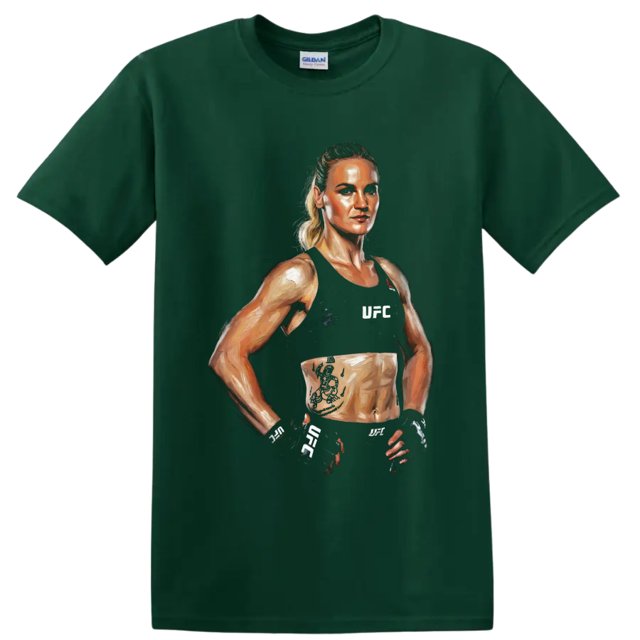 Valentina Shevchenko UFC fighter portrait in expressive painted combat sports style on a Forest Green T Shirt