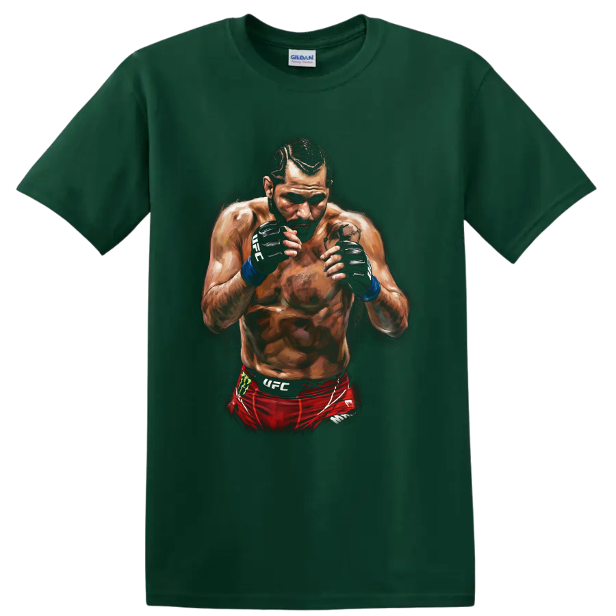Jorge Masvidal Gamebred MMA fighter portrait in a dramatic painted fighting stance on a Forest Green T Shirt