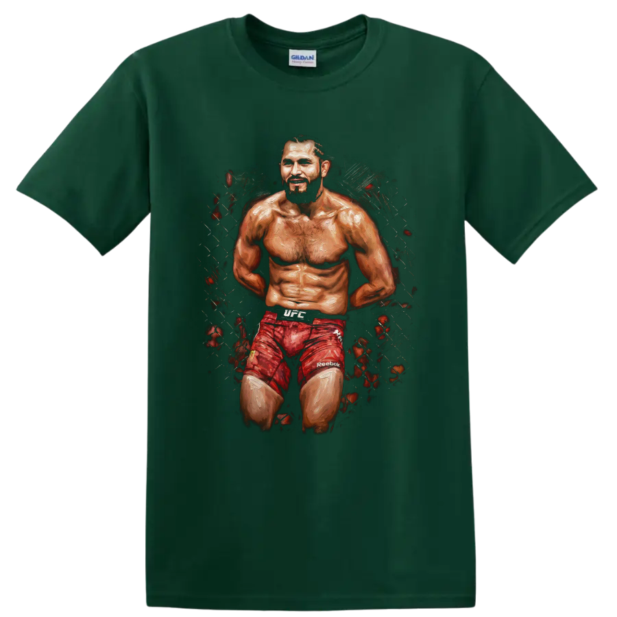 Jorge Masvidal Gamebred MMA fighter portrait in gritty painterly cage art on a Forest Green T Shirt