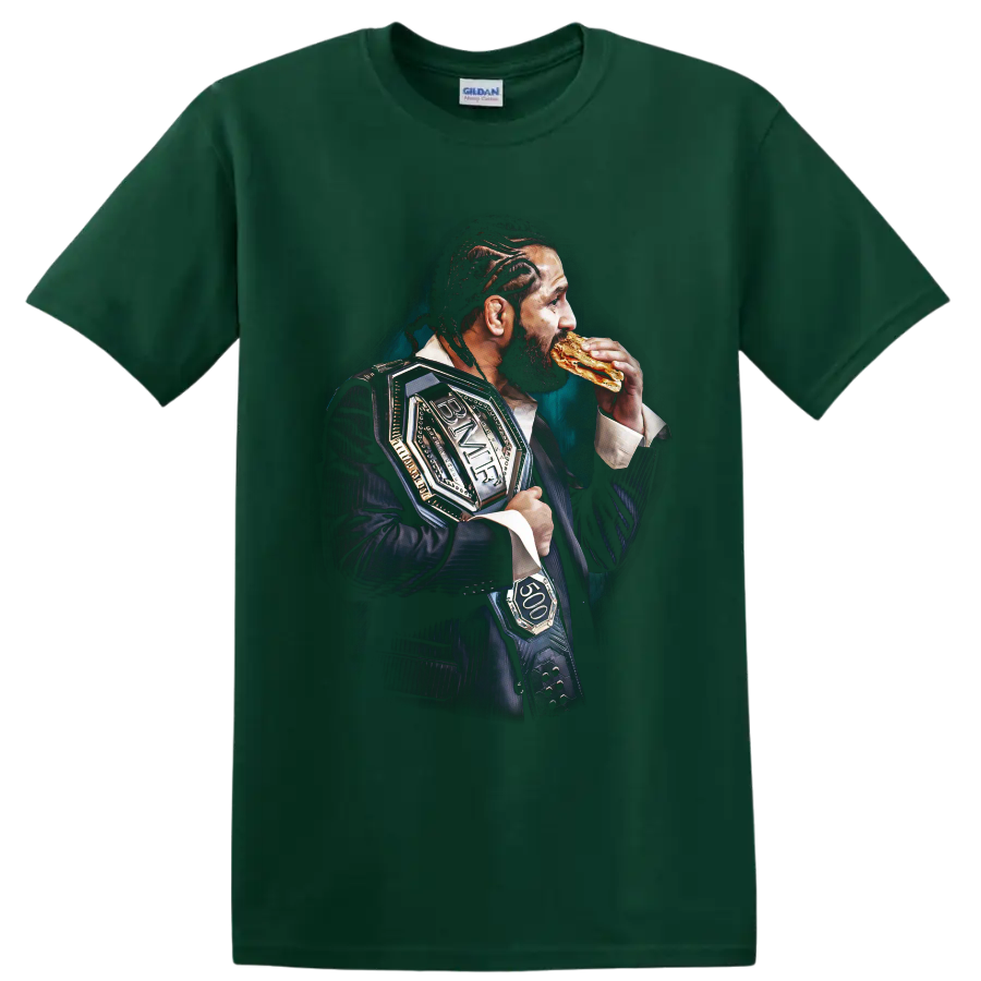 Jorge Masvidal portrait in a suit with BMF belt and sandwich on a Forest Green T Shirt