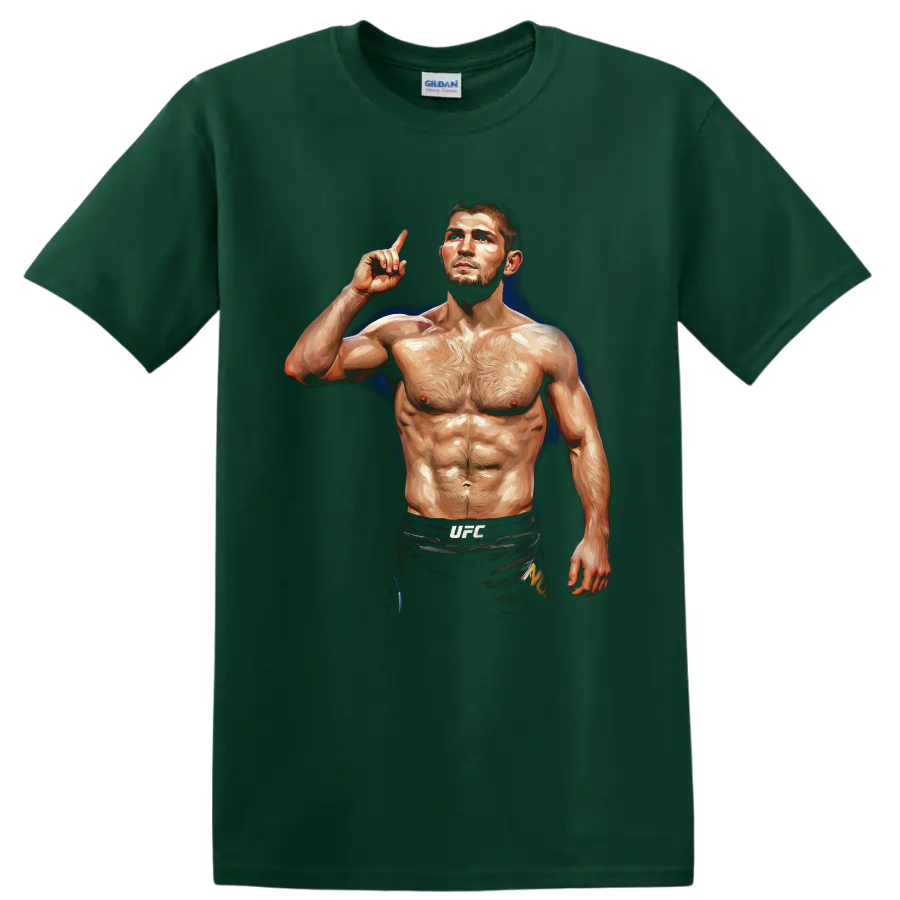 Khabib Nurmagomedov painterly MMA fighter portrait with raised finger and blue glow on a Forest Green T Shirt