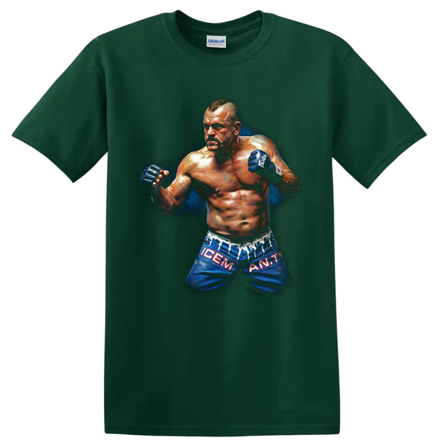 Chuck Liddell The Iceman painted MMA fighter portrait with raised gloves on a Forest Green T Shirt