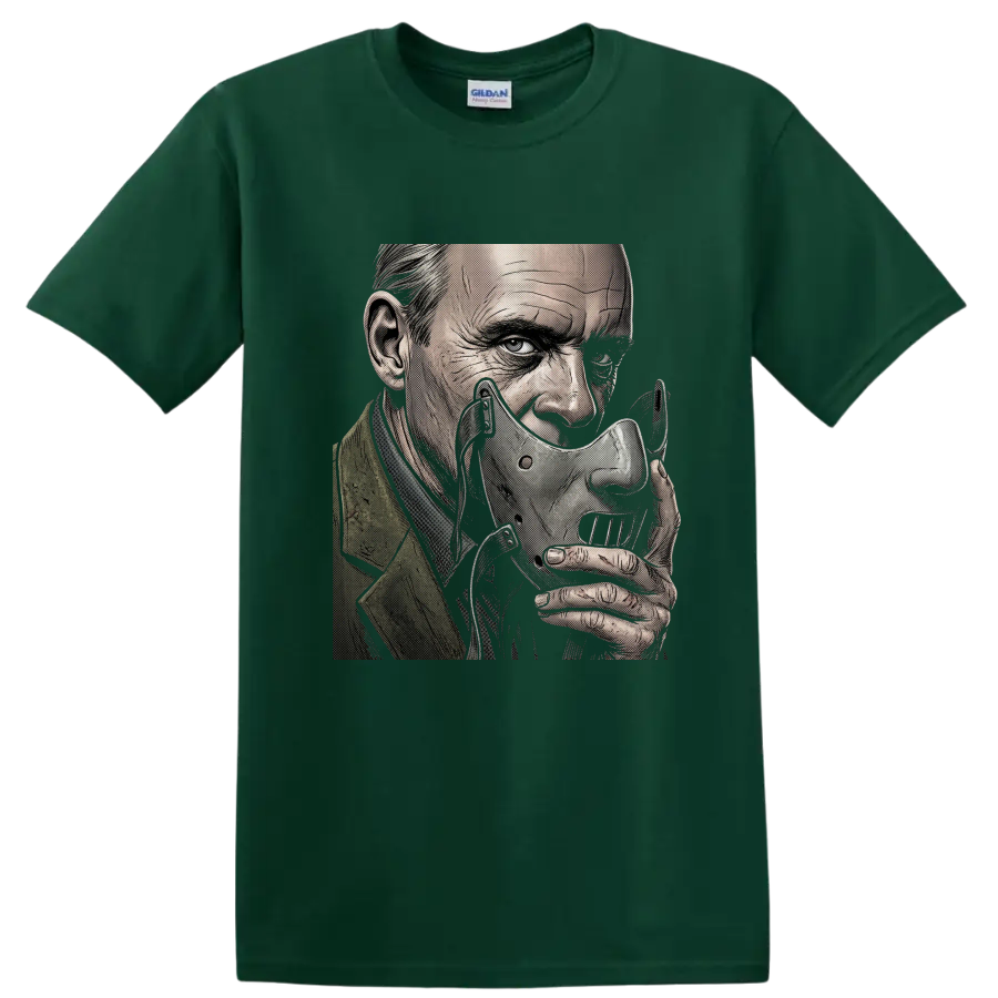 Hannibal Lecter wearing his signature mask in gothic halftone art on a Forest Green T Shirt