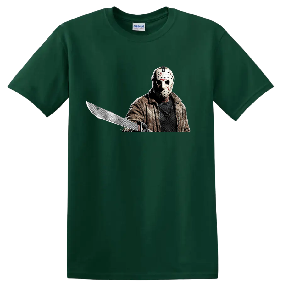 Jason Voorhees masked slasher holding a machete in gritty halftone art on a Forest Green T Shirt