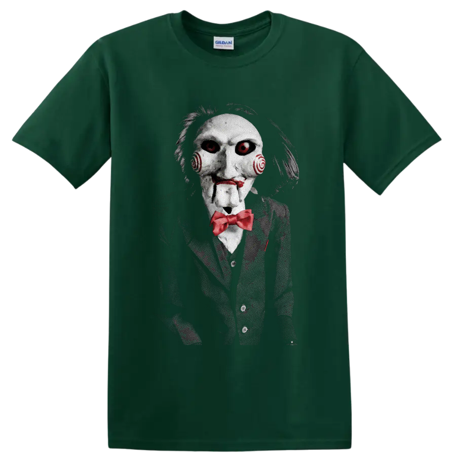 Billy the Puppet from Saw in a creepy horror graphic with red bow tie on a Forest Green T Shirt