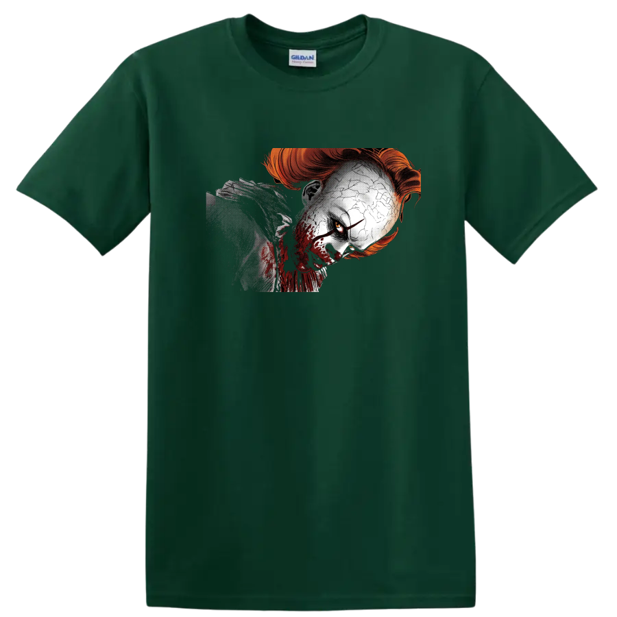 Pennywise from It distressed horror clown face graphic on a Forest Green T Shirt