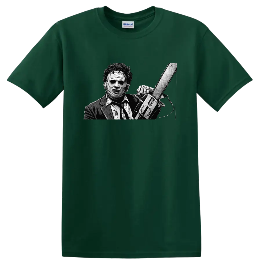 Leatherface holding a chainsaw in gritty black-and-white halftone art on a Forest Green T Shirt