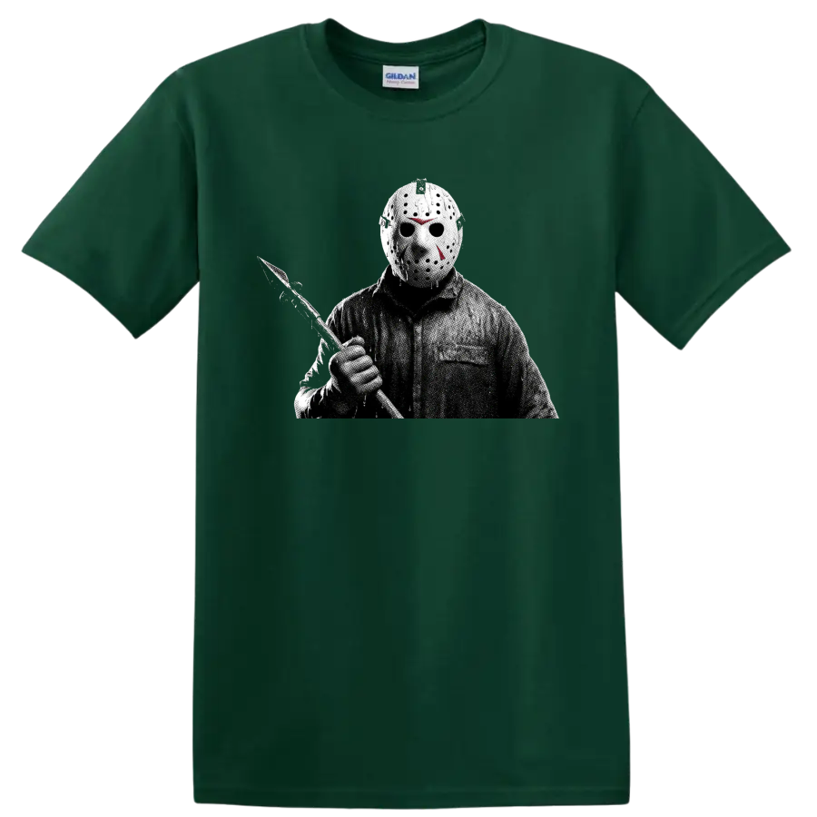 Jason Voorhees hockey mask and machete horror halftone graphic on a Forest Green T Shirt