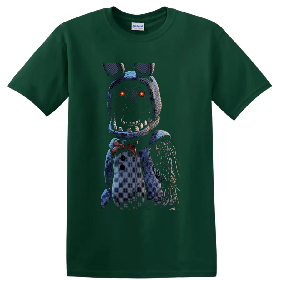 Withered Bonnie animatronic horror graphic with glowing eyes and exposed wires on a Forest Green T Shirt