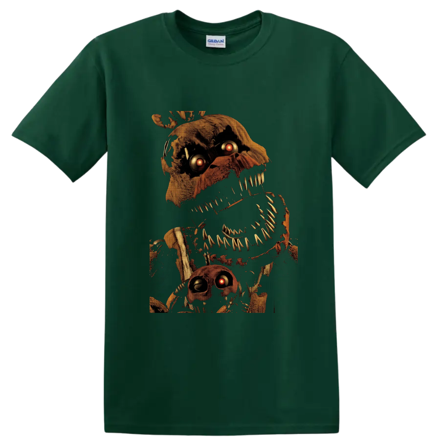 Nightmare Chica distressed animatronic horror graphic with glowing eyes on a Forest Green T Shirt