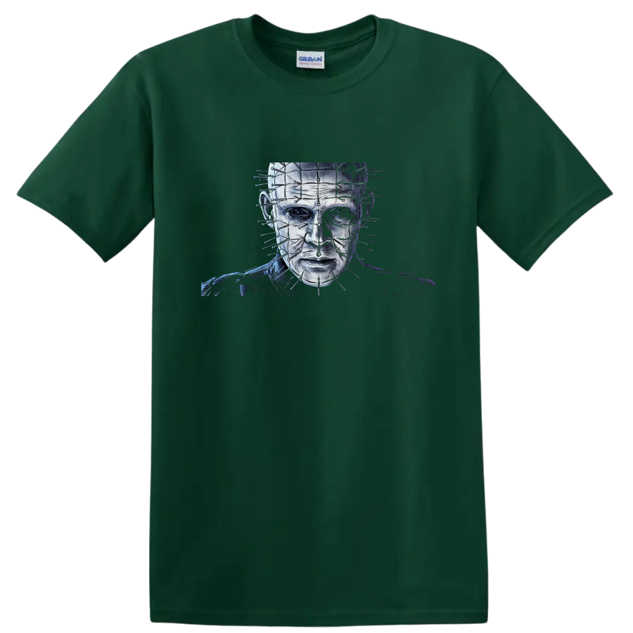 Pinhead Hellraiser gothic horror portrait with geometric pins on a Forest Green T Shirt