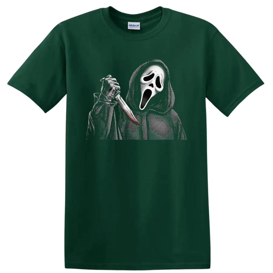 Ghostface from Scream in a hood holding a knife, vintage halftone horror art on a Forest Green T Shirt