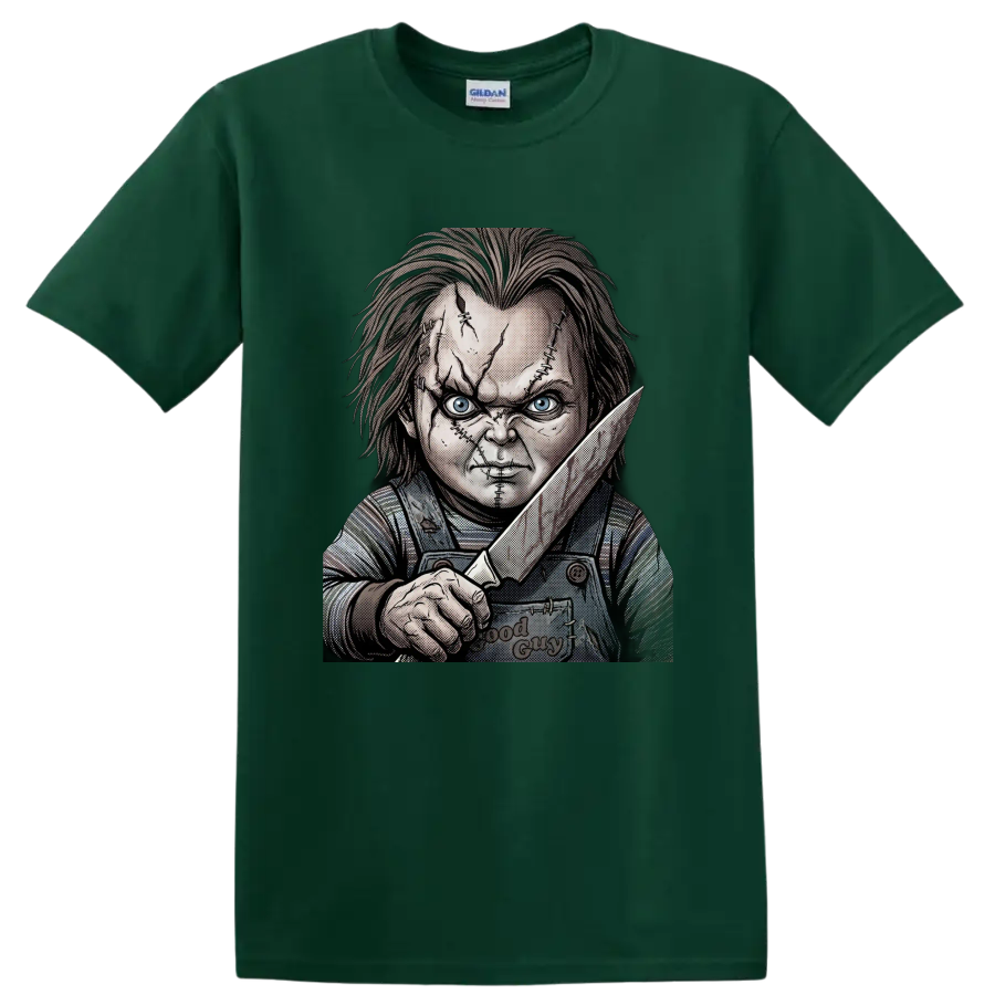 Chucky Child's Play 2 stitched face knife horror graphic on a Forest Green T Shirt