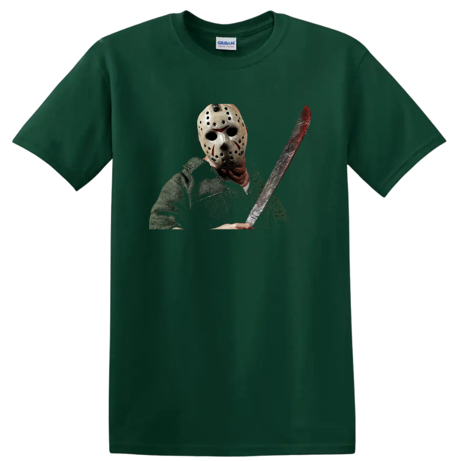 Jason Voorhees masked with machete, distressed horror graphic on a Forest Green T Shirt