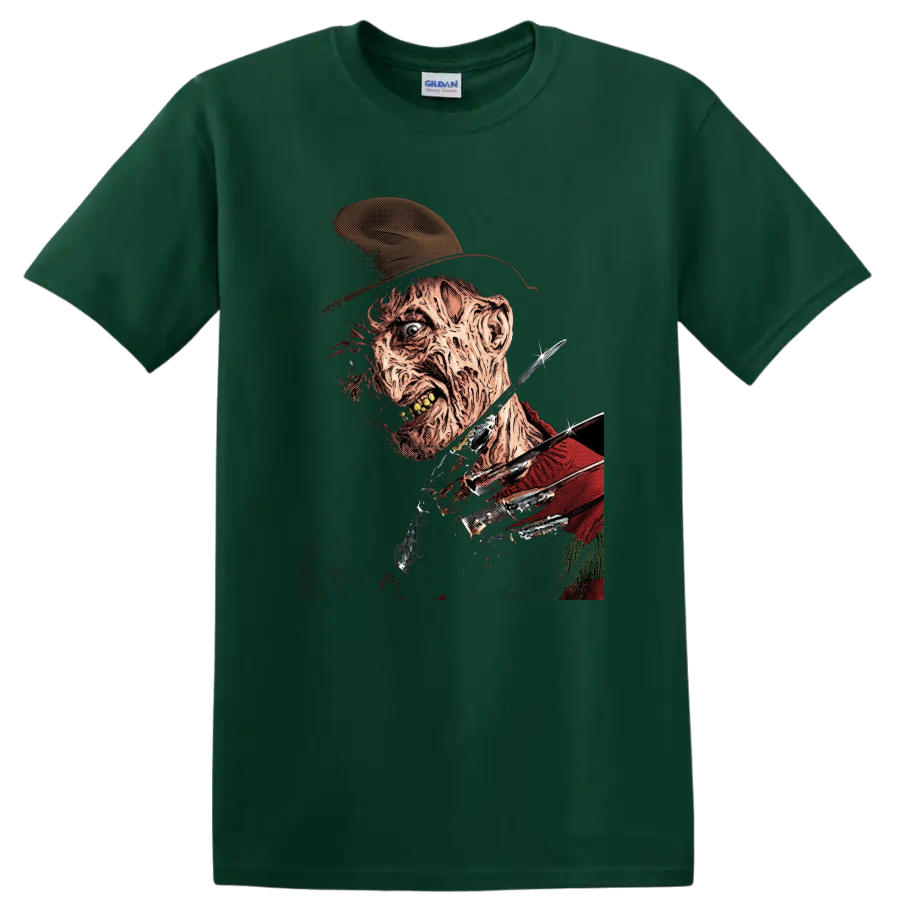 Freddy Krueger vintage horror portrait with bladed glove on a Forest Green T Shirt