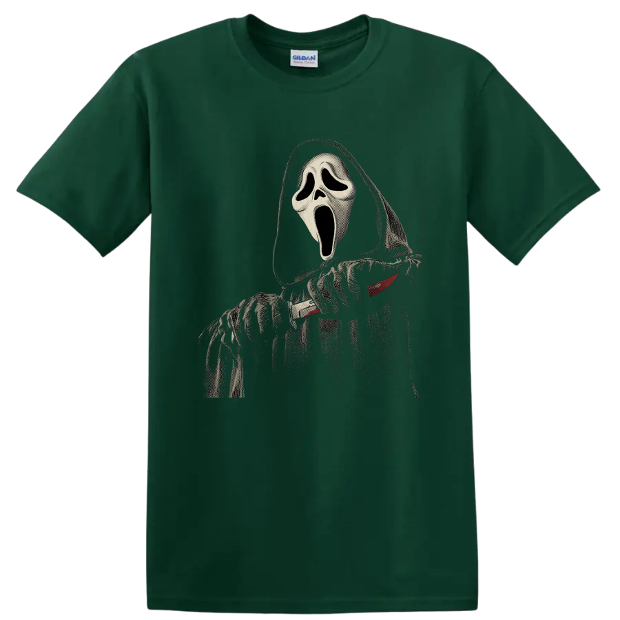 Distressed Ghostface Scream horror mask graphic on a Forest Green T Shirt