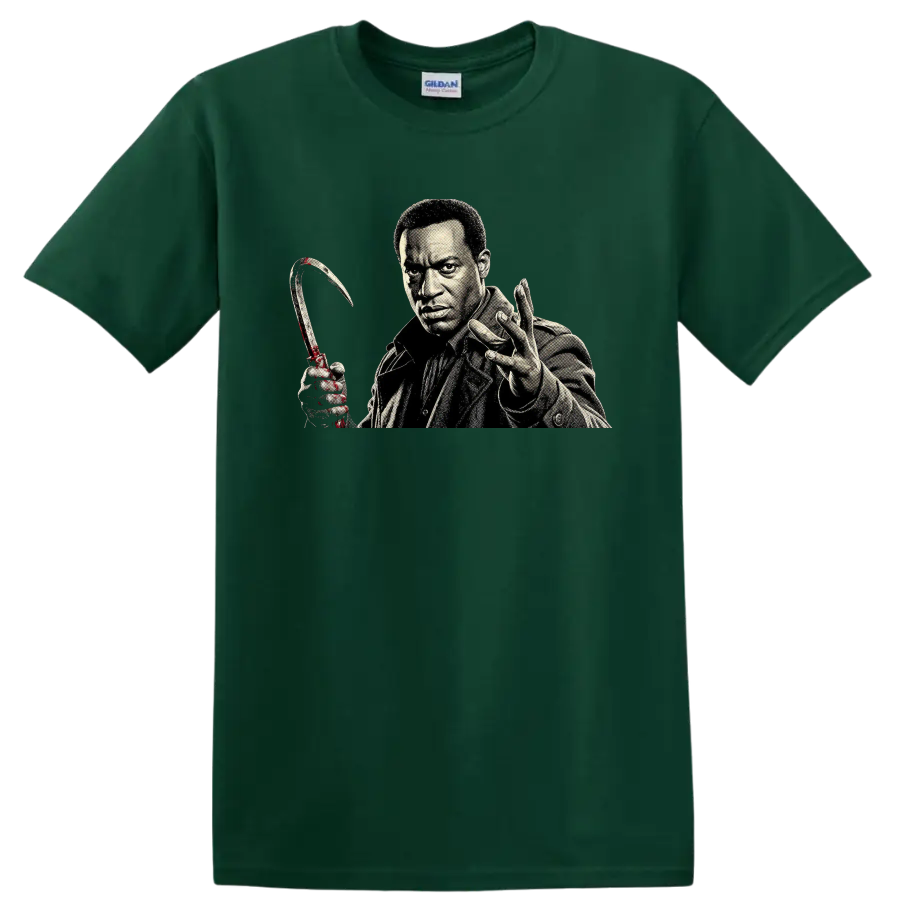 Candyman horror character portrait with curved hook graphic on a Forest Green T Shirt