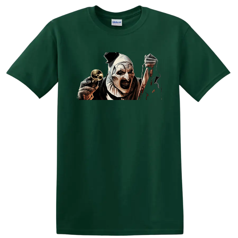 Art the Clown Terrifier horror illustration with bell and bloody knife on a Forest Green T Shirt