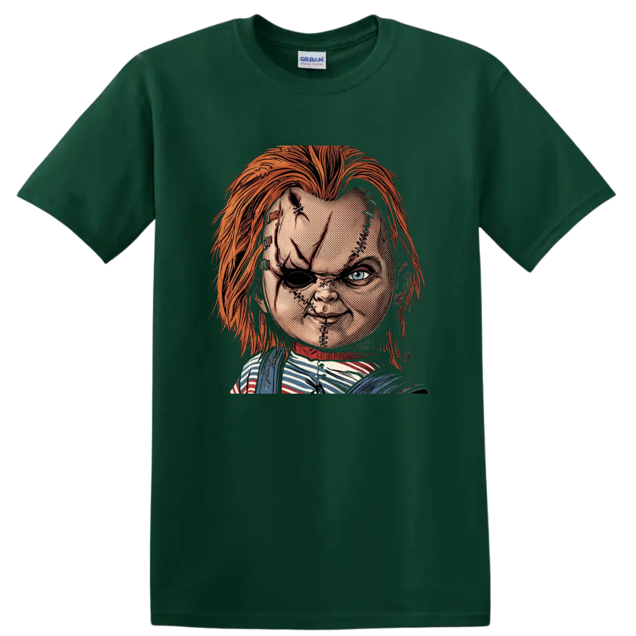 Chucky Child's Play 2 stitched killer doll vintage comic-style portrait on a Forest Green T Shirt