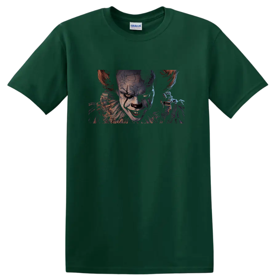 Pennywise from It sinister clown portrait graphic print on a Forest Green T Shirt