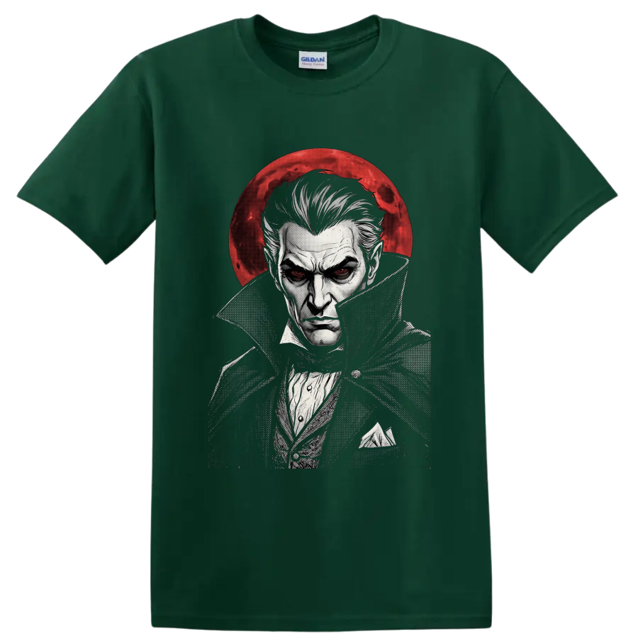 Dracula gothic vampire portrait with red moon in vintage ink style on a Forest Green T Shirt