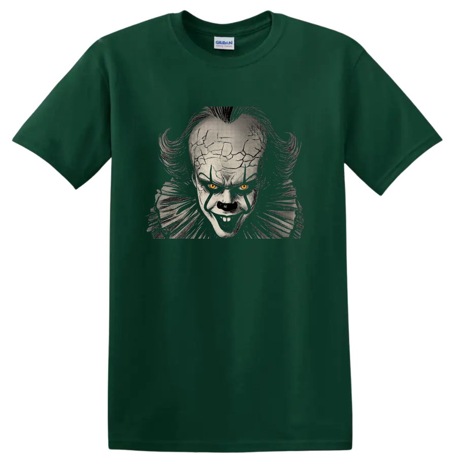 Pennywise from It creepy clown halftone portrait with yellow eyes on a Forest Green T Shirt
