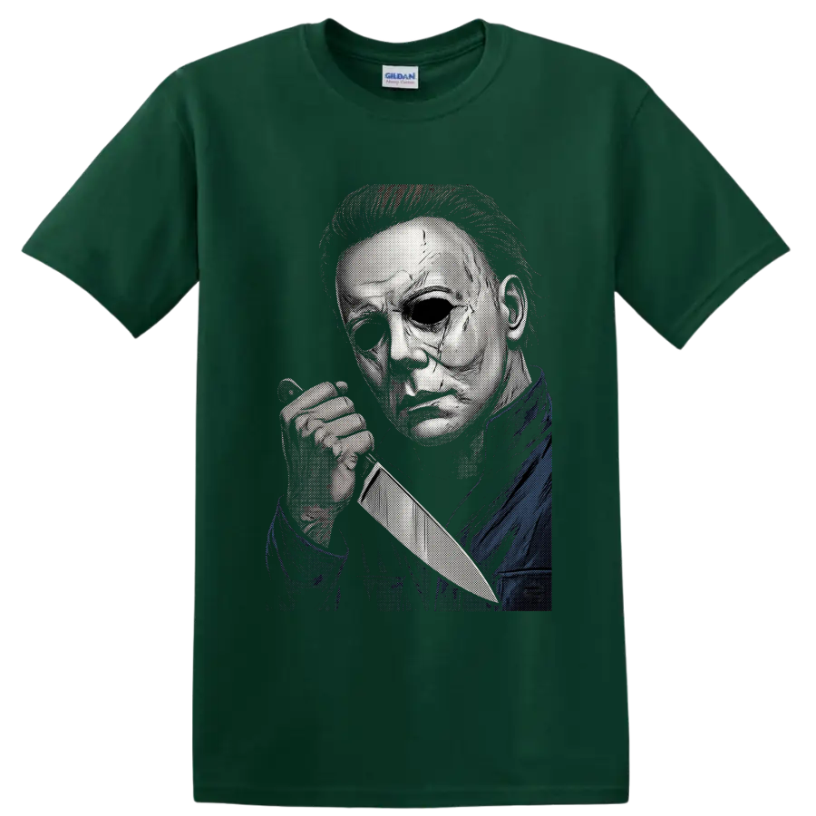 Michael Myers masked knife slasher portrait in halftone horror art on a Forest Green T Shirt
