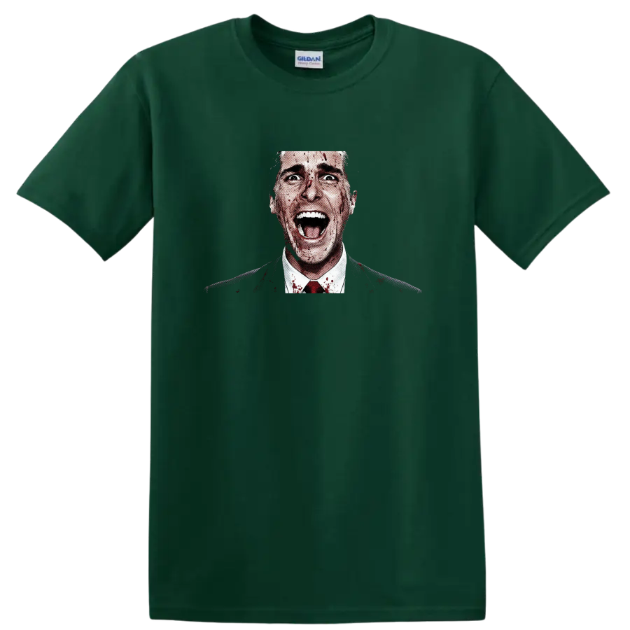 Patrick Bateman American Psycho blood-splatter halftone horror portrait on a Forest Green T Shirt