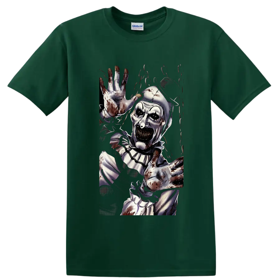 Art the Clown from Terrifier in a gritty bloody horror graphic on a Forest Green T Shirt