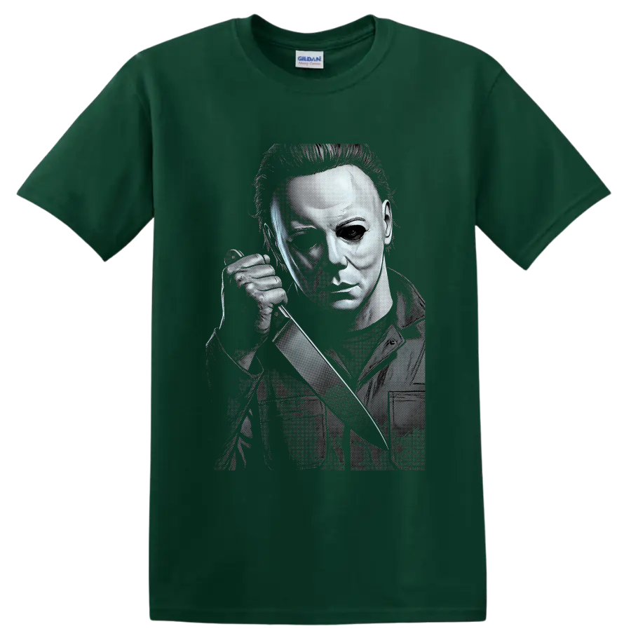 Michael Myers Halloween halftone slasher portrait with knife on a Forest Green T Shirt