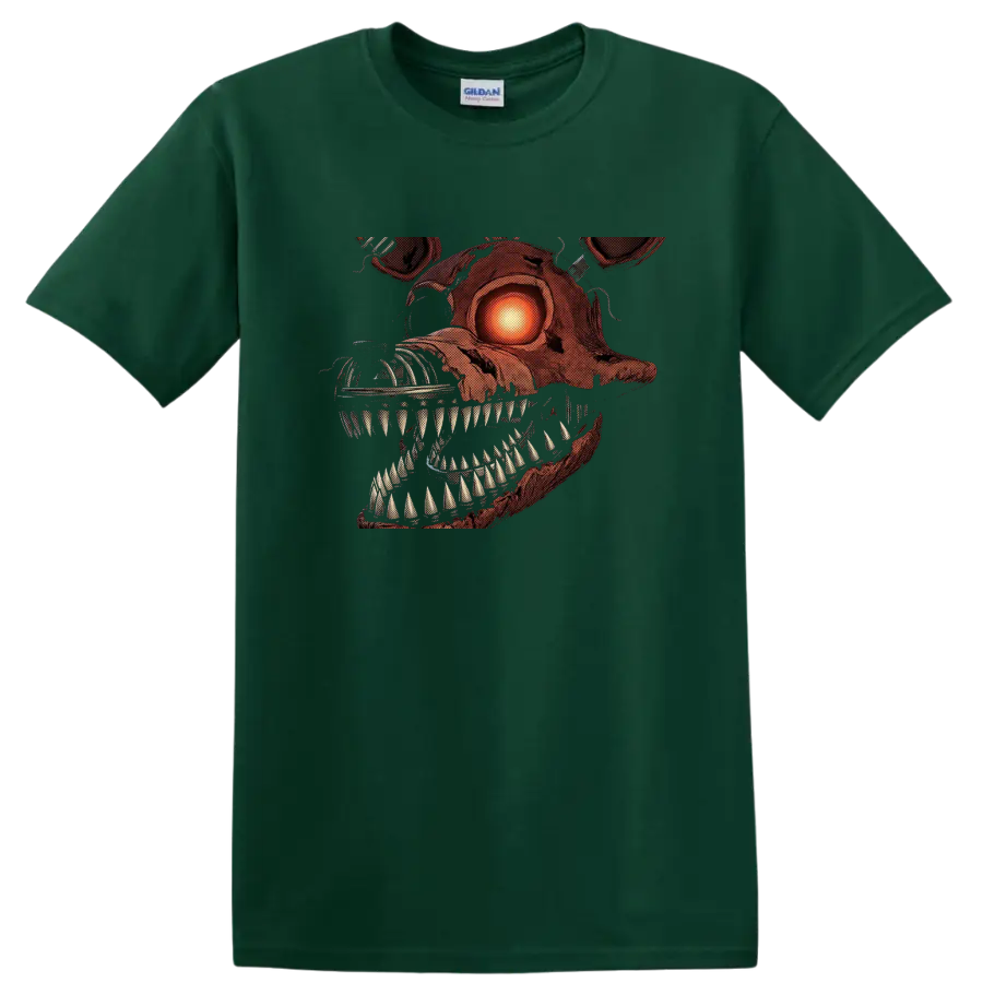 Nightmare Foxy horror animatronic graphic with glowing eye and sharp teeth on a Forest Green T Shirt