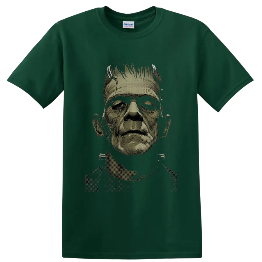 Frankenstein's Monster vintage horror portrait graphic on a Forest Green T Shirt