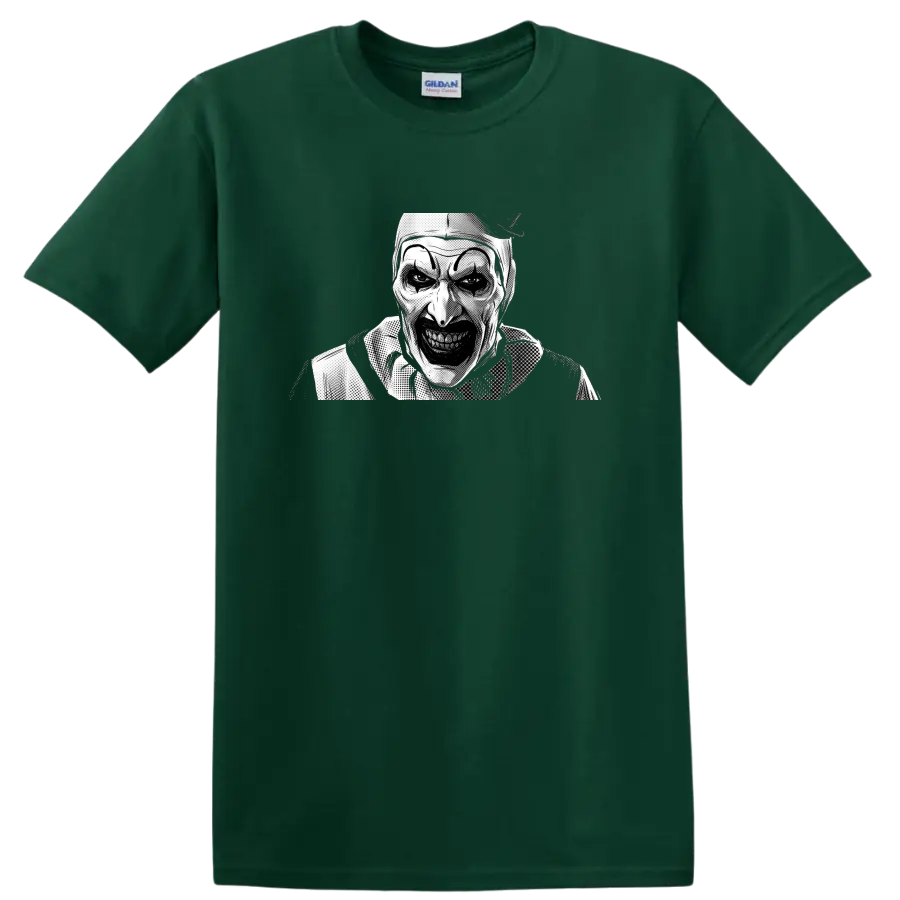 Art the Clown from Terrifier in black and white halftone horror art on a Forest Green T Shirt